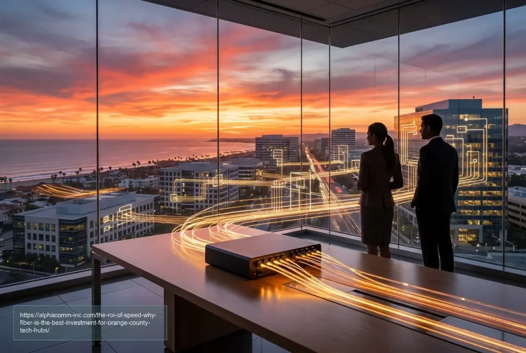 Alphacomm's visualization of future-proof fiber optic connectivity from a Newport Beach corporate boardroom, demonstrating the ROI of 100G infrastructure.