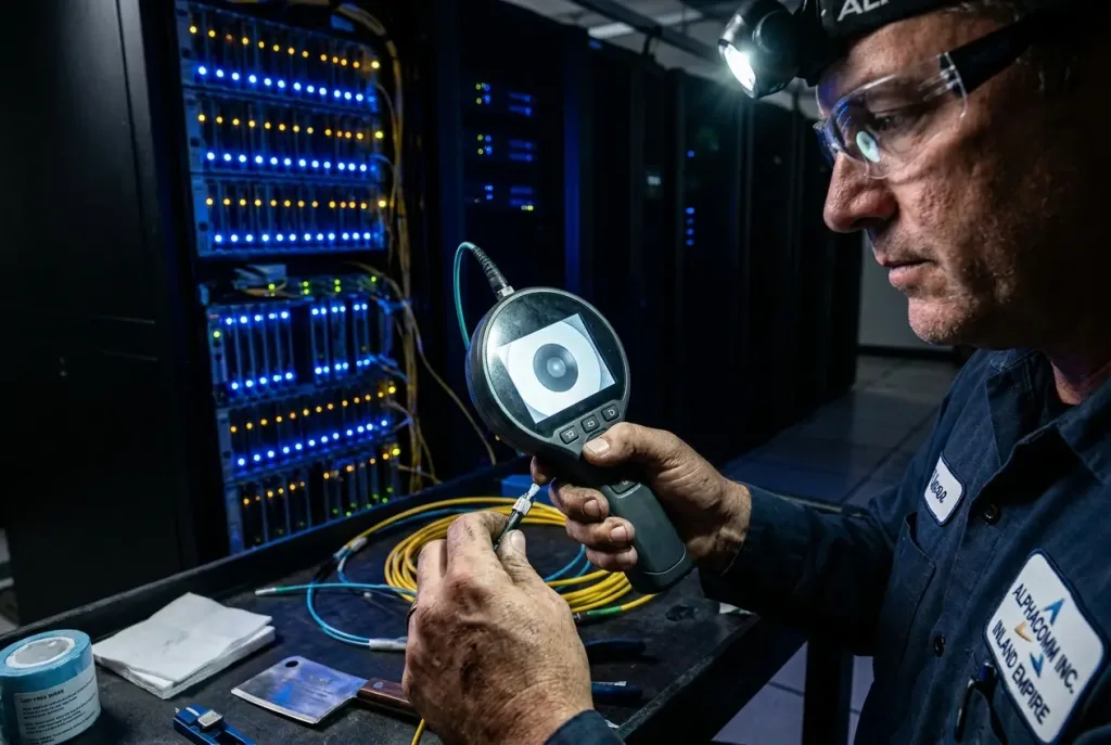 Alphacomm technician using a digital fiber-scope and OTDR tester to perform preventative maintenance on a business network in Ontario, CA.