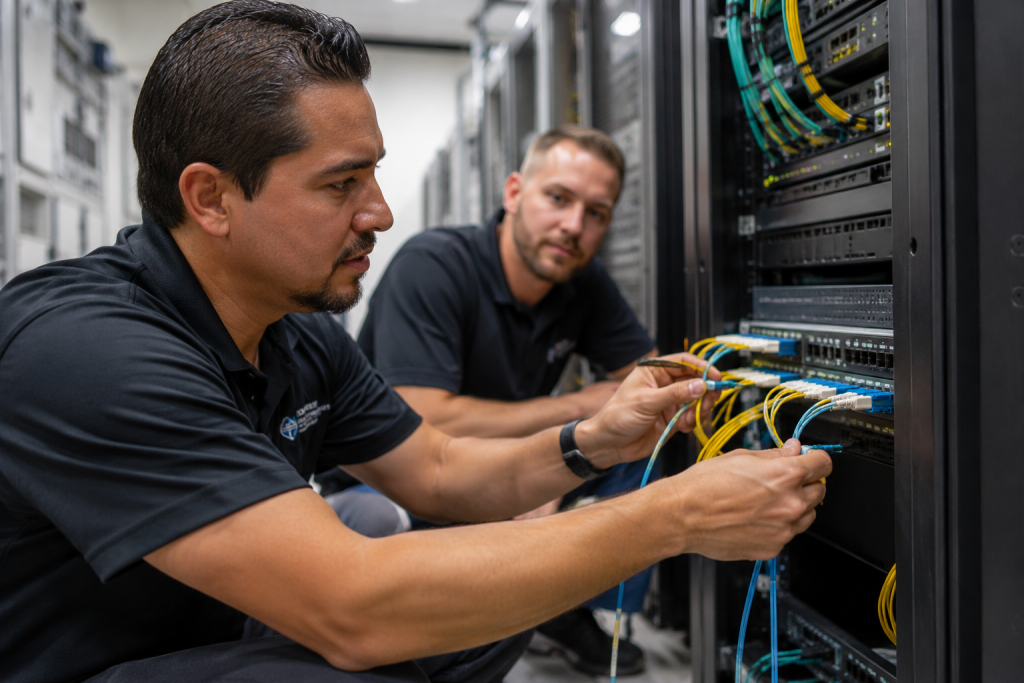 Network technicians working with singlemode and multimode fiber optic cabling in a commercial data center.